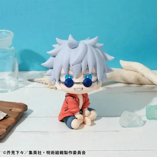 JUJUTSU KAISEN LookUp Satoru Gojo Okinawa Version chibi figure by MegaHouse – sitting pose with red jacket and sunglasses.