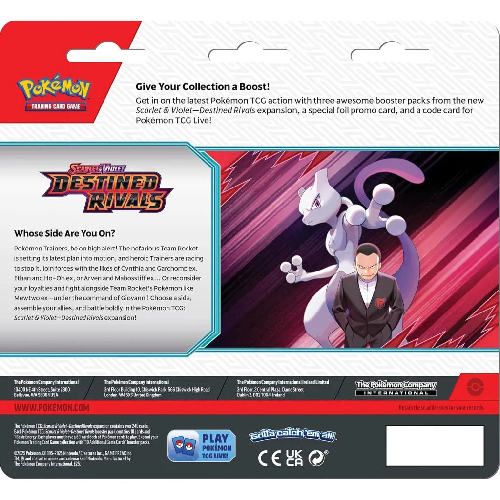 Back packaging of Pokémon TCG: Destined Rivals 3-Pack Blister featuring Mewtwo and Giovanni