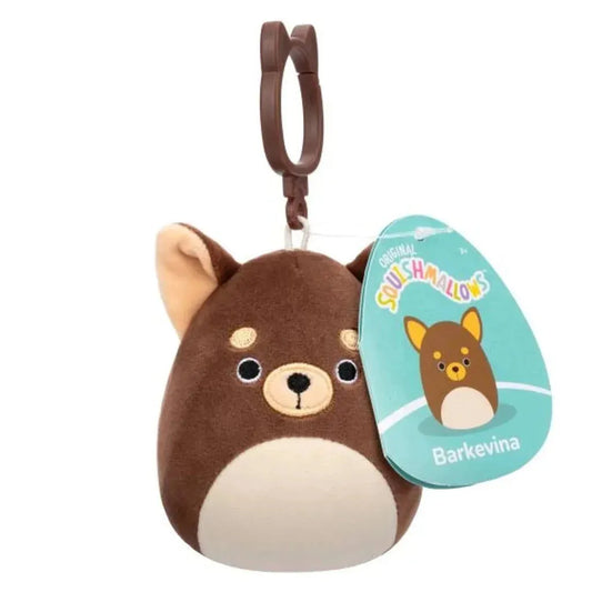 Squishmallow Barkevina 3.5-inch (9 cm) brown and tan Chihuahua clip-on plush.