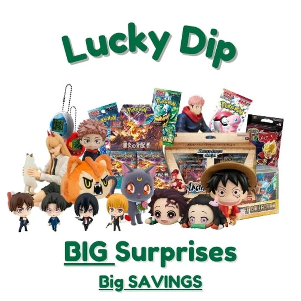 Anime toys, trading cards, plushies, and collectibles from popular series like Pokémon, Jujutsu Kaisen, and One Piece