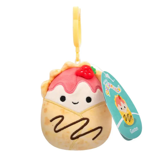 Squishmallow Gasten 3.5-inch (9 cm) yellow Strawberry Crepe clip-on plush.