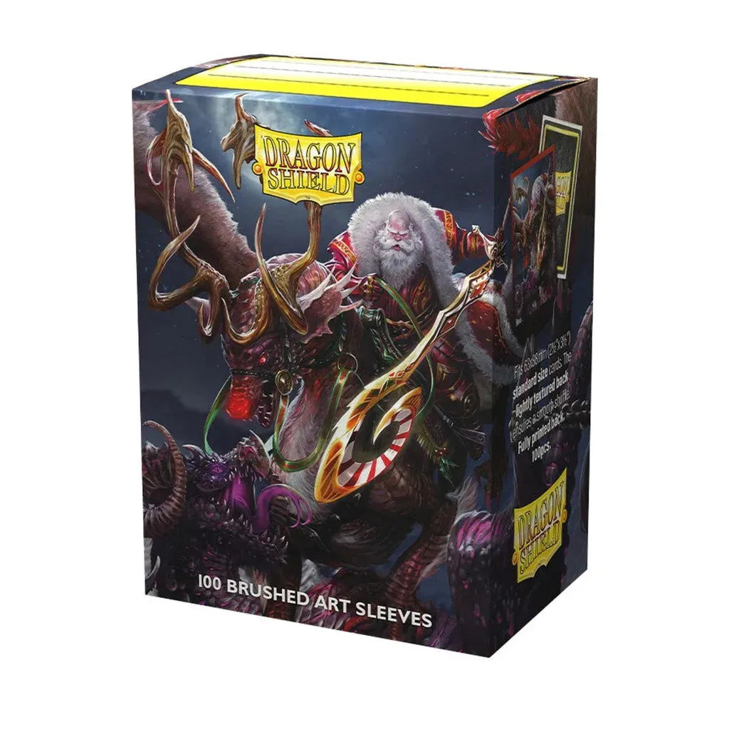 Dragon Shield Christmas 2022 Brushed Art Sleeves featuring Santa and glowing-nose dragon.