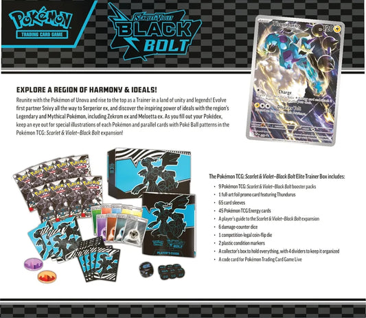 Pokemon Scarlet & Violet Black Bolt Elite Trainer Box with Zekrom sleeves, dice, promo & packs
