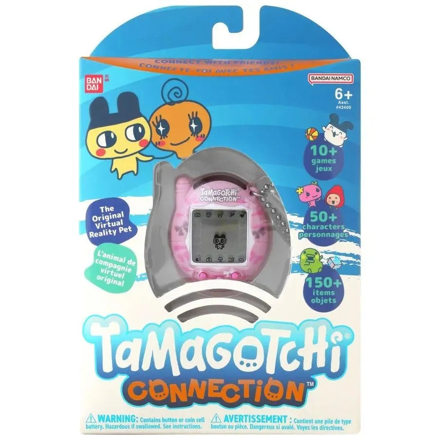 Tamagotchi Connection toy packaging with characters on a blue and white background