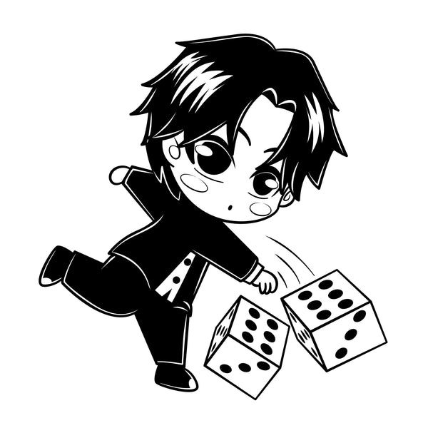 Mr Collectables Black and white illustration of a character with dice
