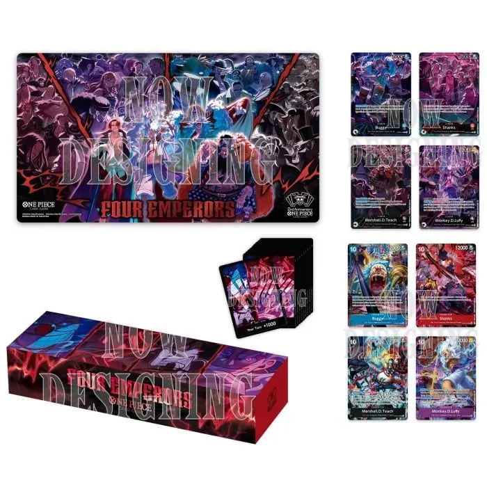  One Piece 2nd Anniversary Set contents including playmat, cards, and box