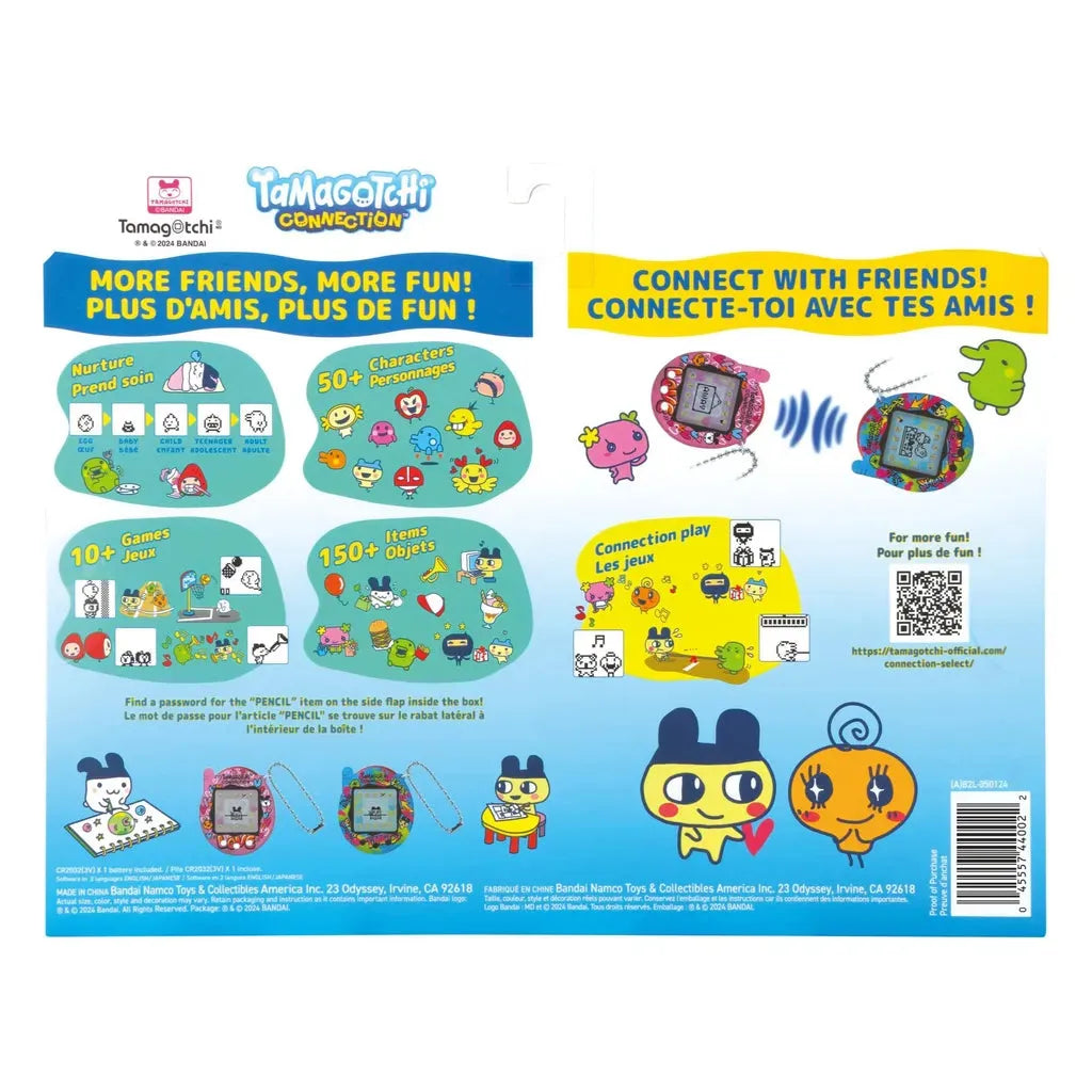 Backpack with Tamagotchi Connection branding and product features on a white background