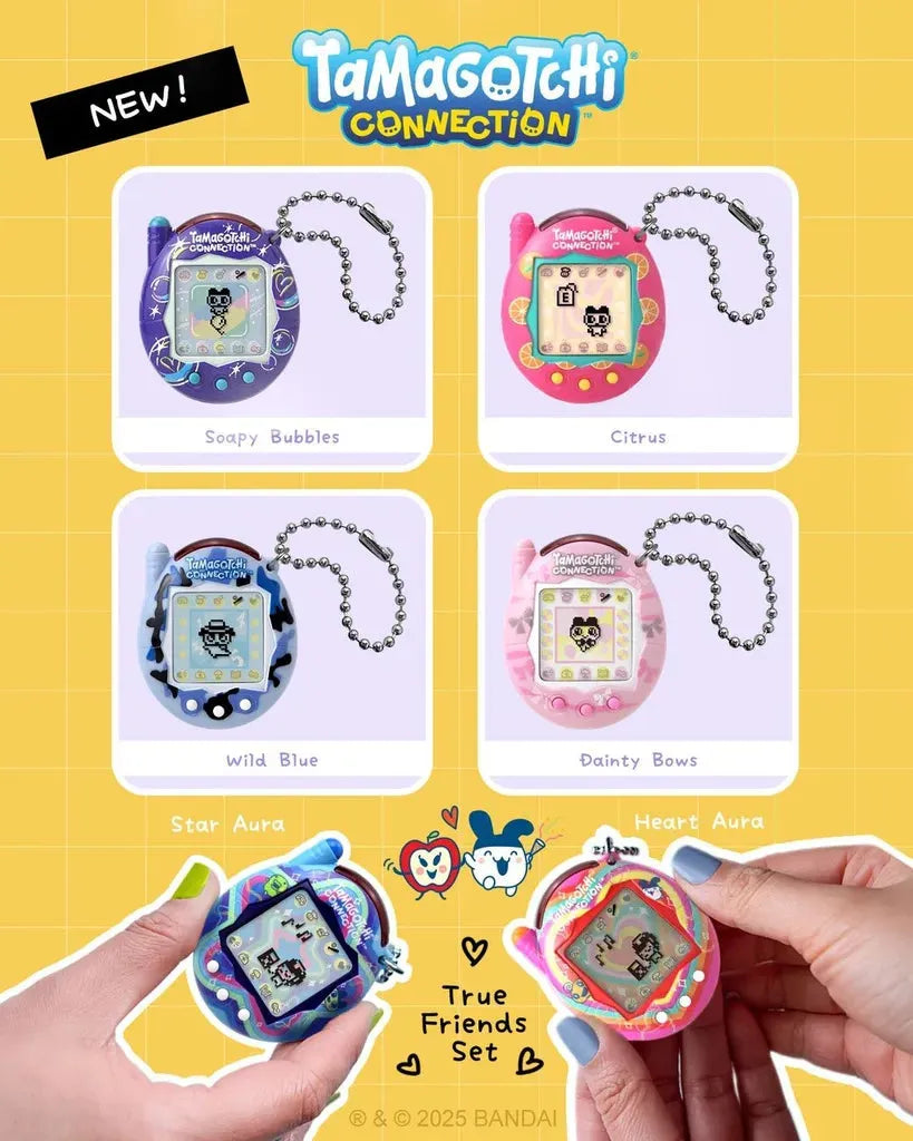 Tamagotchi Connection toy set with four different colored devices on a yellow background.